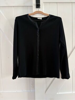 Como Sport 100% Pure Wool Long-Sleeve Satin-Trim Cardigan Blouse – Made in Italy